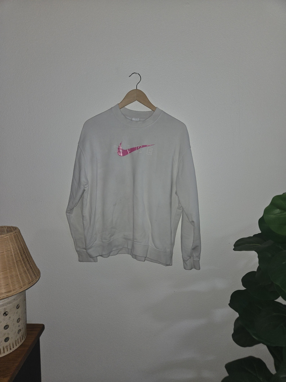 Nike White Crewneck Sweatshirt with Pink Swoosh